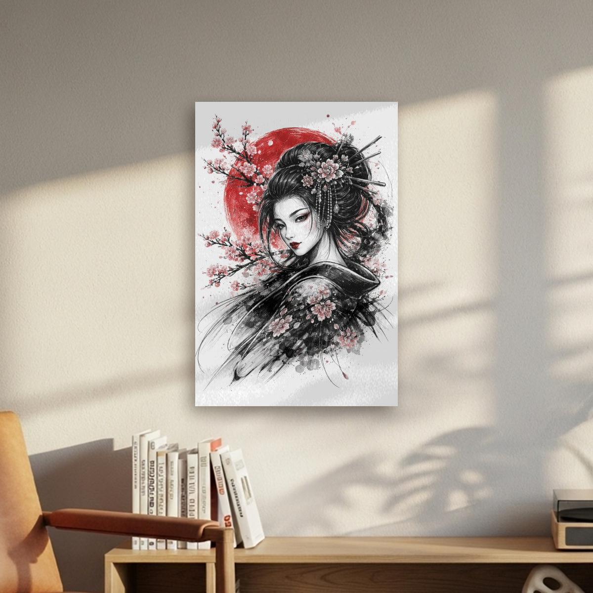 Geisha & Red Sun Sumi-e Canvas Print | Tengura Store