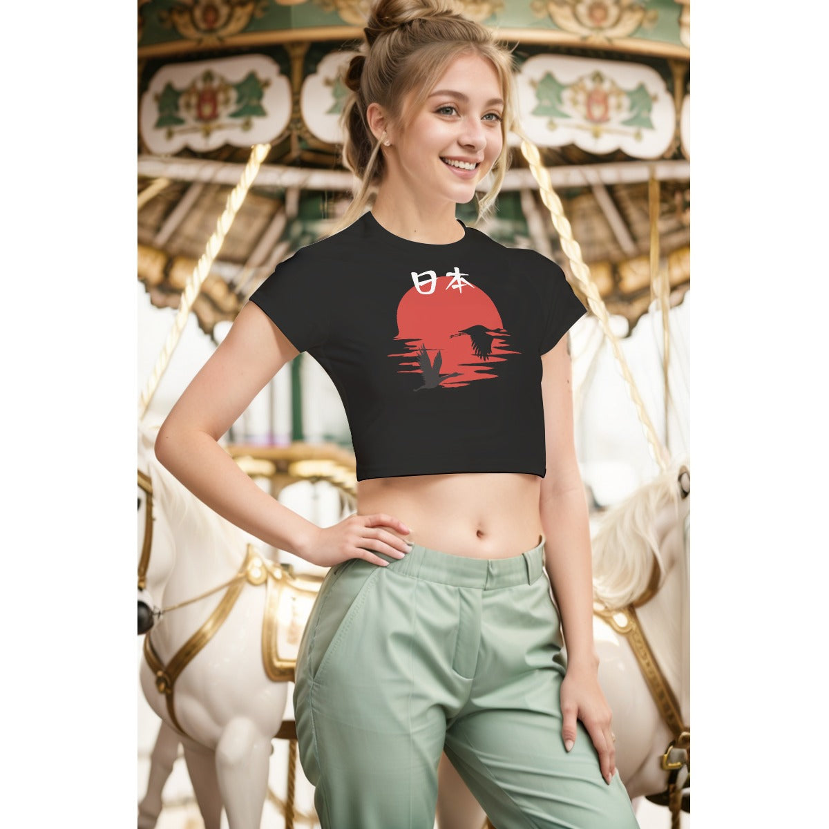 Rising Sun Japan Black Crop Top with Cranes | Tengura Store