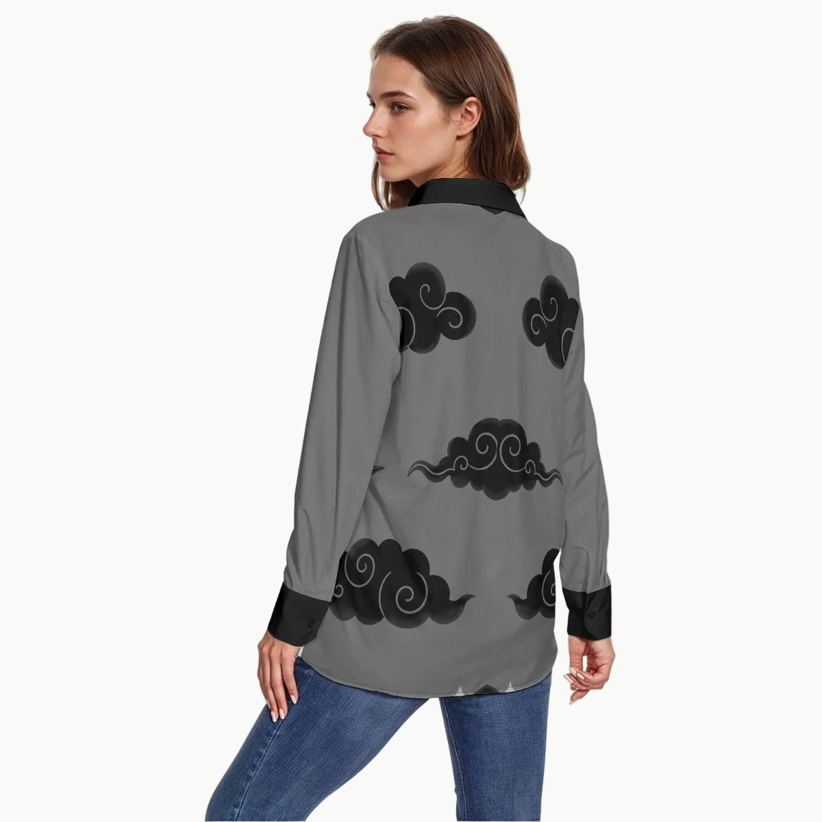 Grey Japanese Shirt - Black Cloud Pattern Button Up