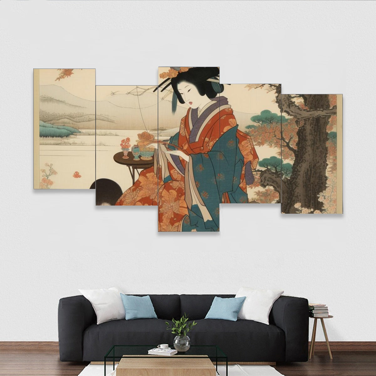 Toile décorative élégante à panneaux multiples - scène de jardin japonais