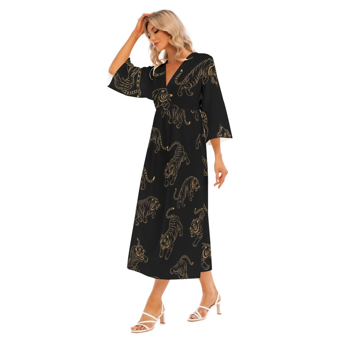 Black Japanese Dress with Golden Tiger Print | Tengura Store