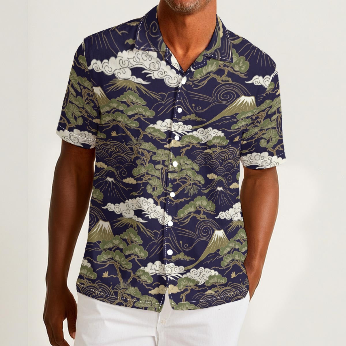 Navy Mountain Cloud Japanese Ukiyo-e Print Hawaiian Shirt | Tengura Store