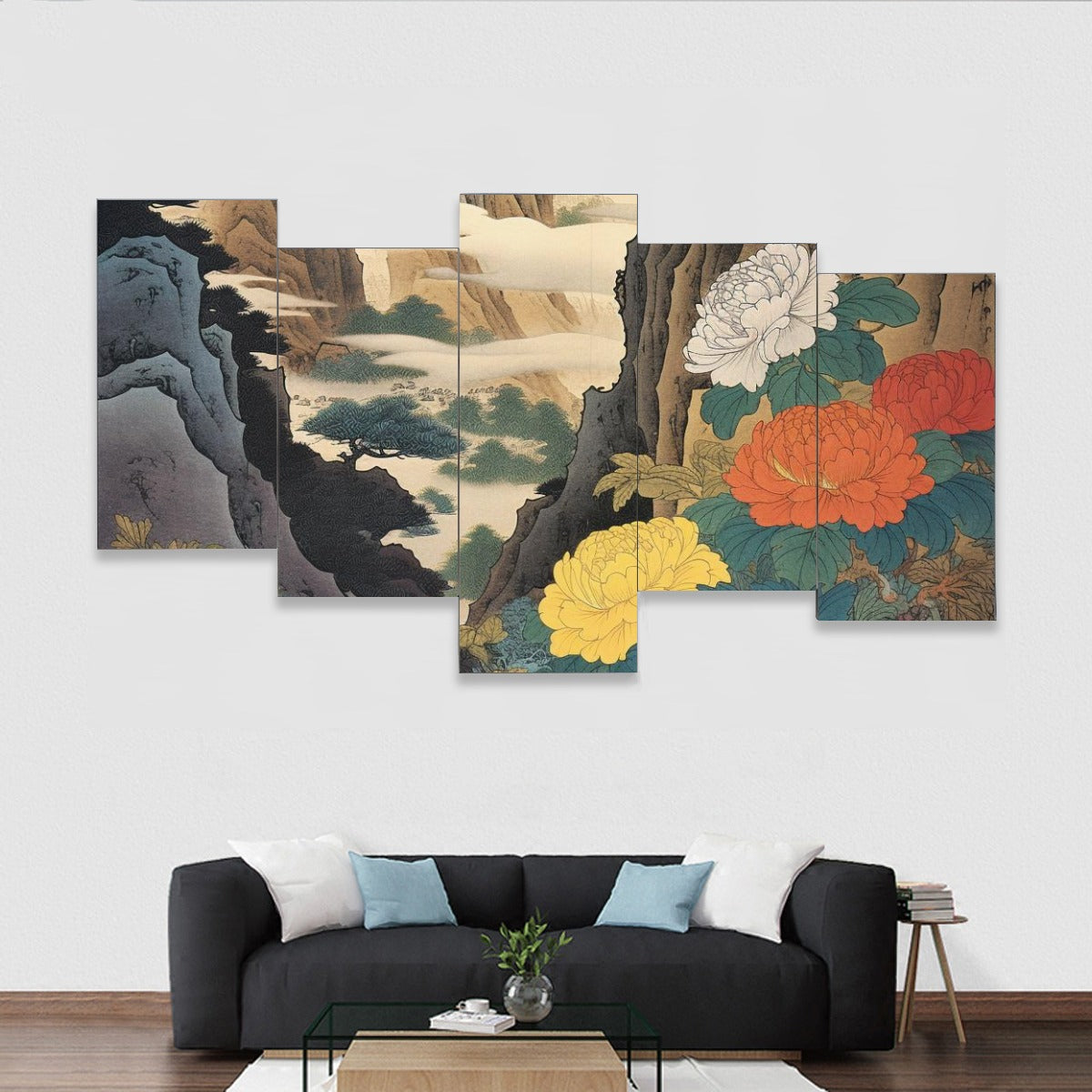 Leinwand-Set mit japanischer Berglandschaft und Pfingstrosen | Tengura Store