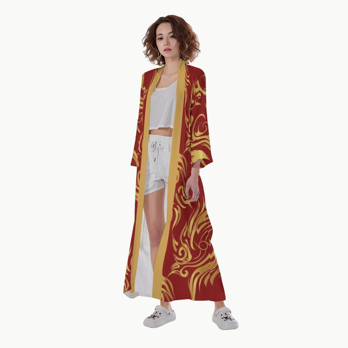 Red Gold Dragon Long Kimono Robe Cardigan | Tengura Store