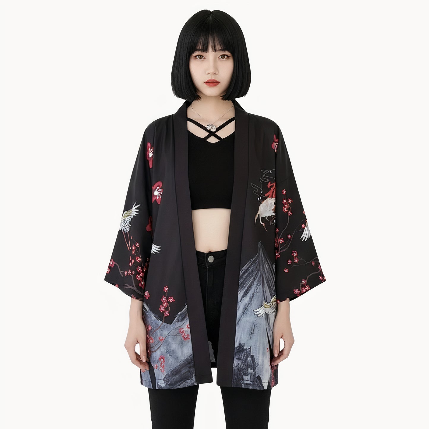 Giacca Haori da donna con gru e fiori di ciliegio