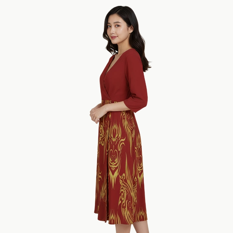 Abito Midi Red Dragon con Design Orientale Dorato