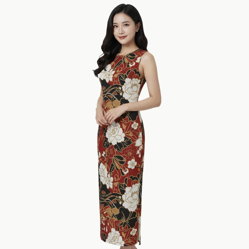 Robe longue sans manches rouge et noire avec imprimé jardin japonais