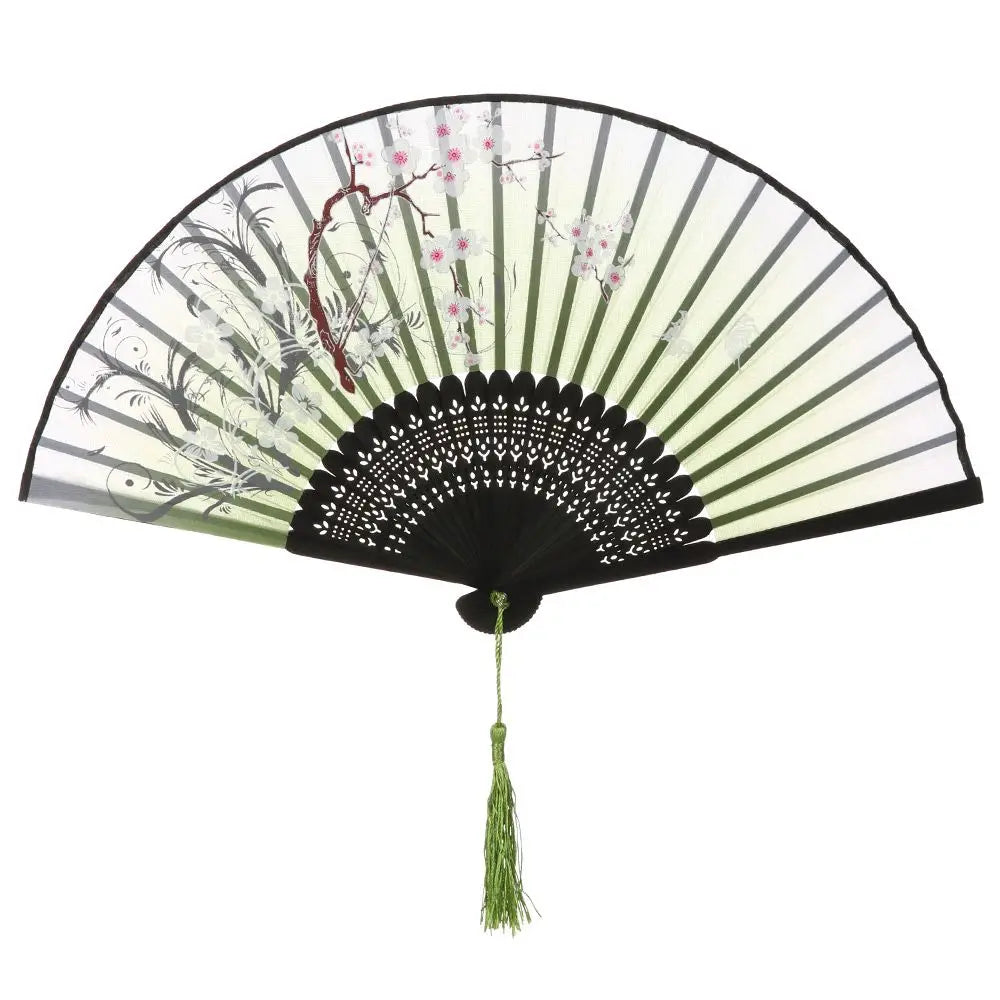 Japanese Folding Fan with Green Bamboo and Plum Blossoms | Tengura Store
