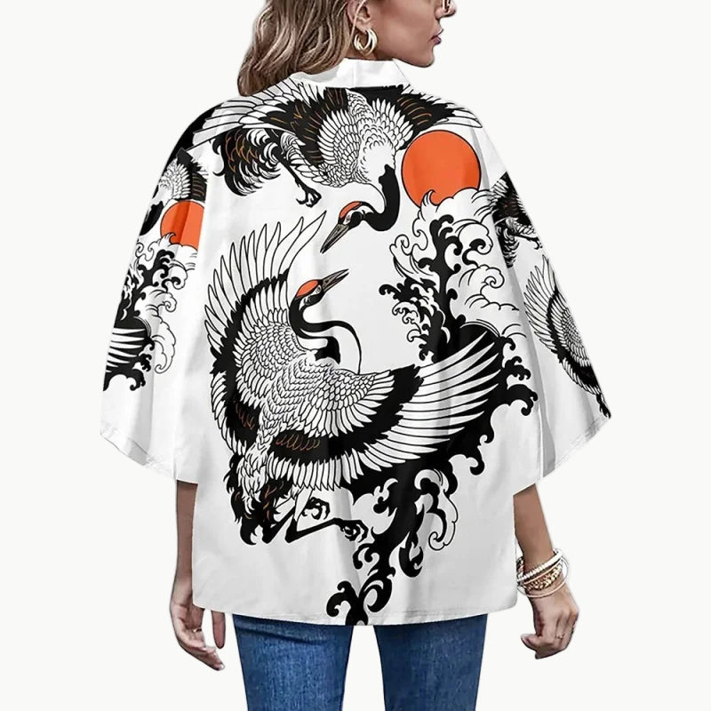 Women’s Haori Jacket - Japanese Crane & Red Sun XXXL | Tengura Store