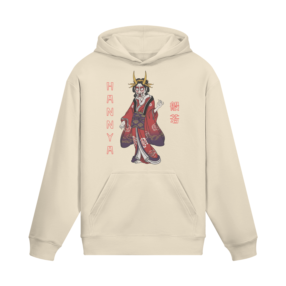 Hannya Mask Hoodie Traditional Demon Print Beige | Tengura Store