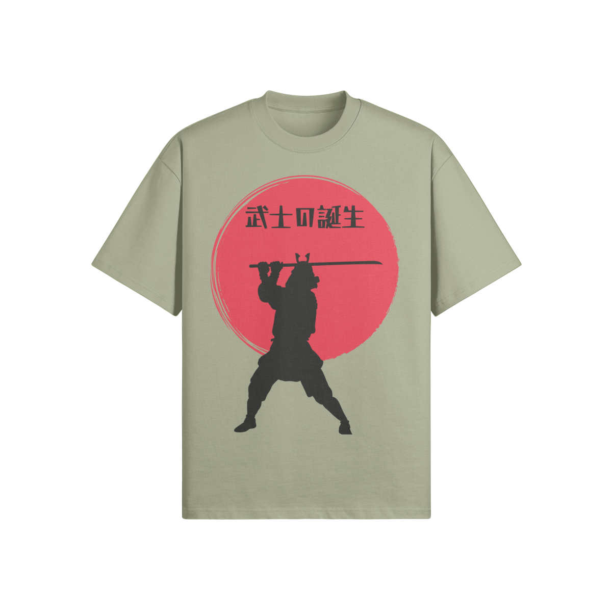 Samurai Warrior T-Shirt Red Sun Silhouette Sage Green | Tengura Store