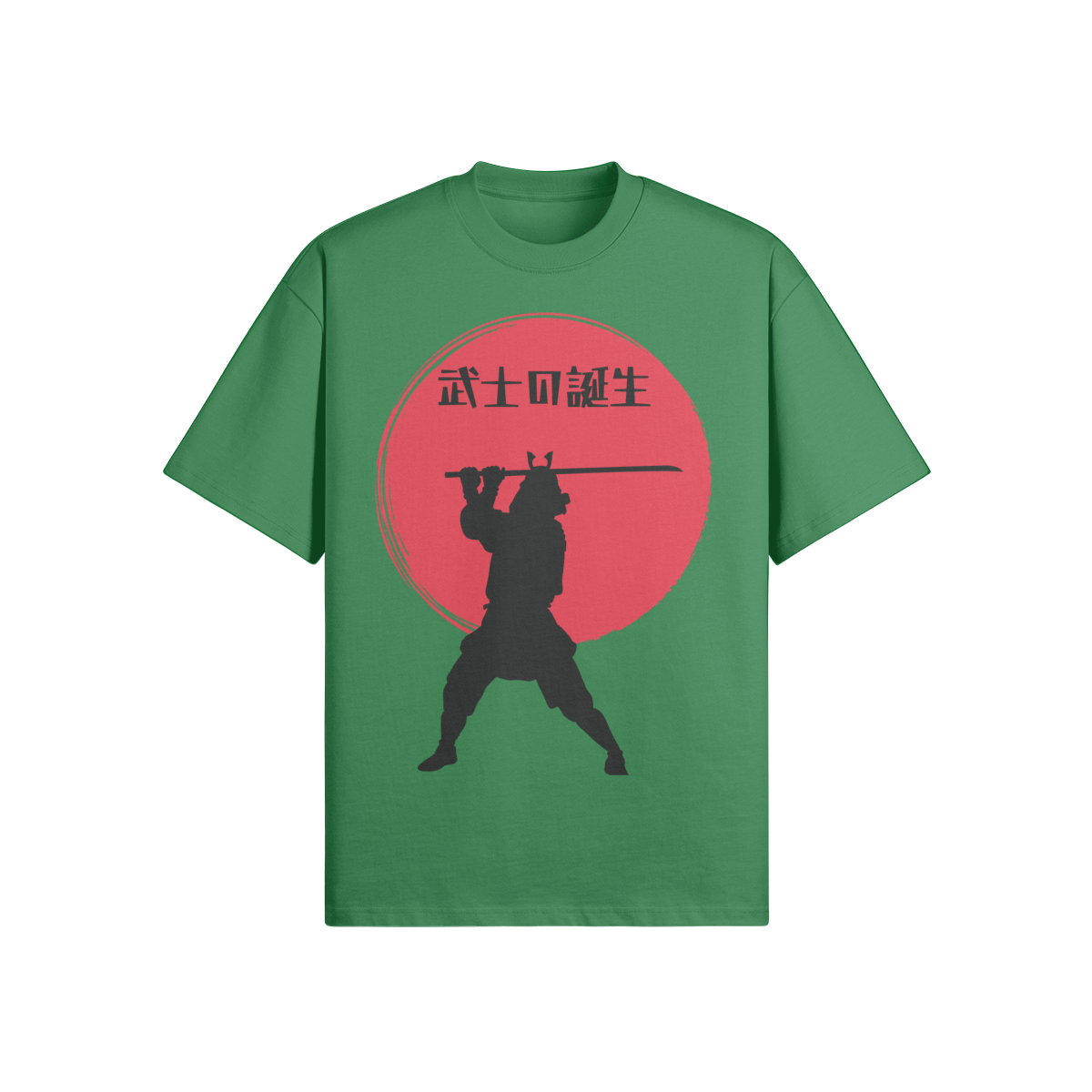 Samurai Warrior T-Shirt Red Sun Silhouette Forest Green | Tengura Store