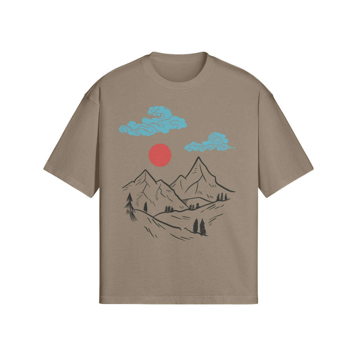 Mountain Sunrise Japanese T-Shirt Minimalist Nature Design Taupe | Tengura Store