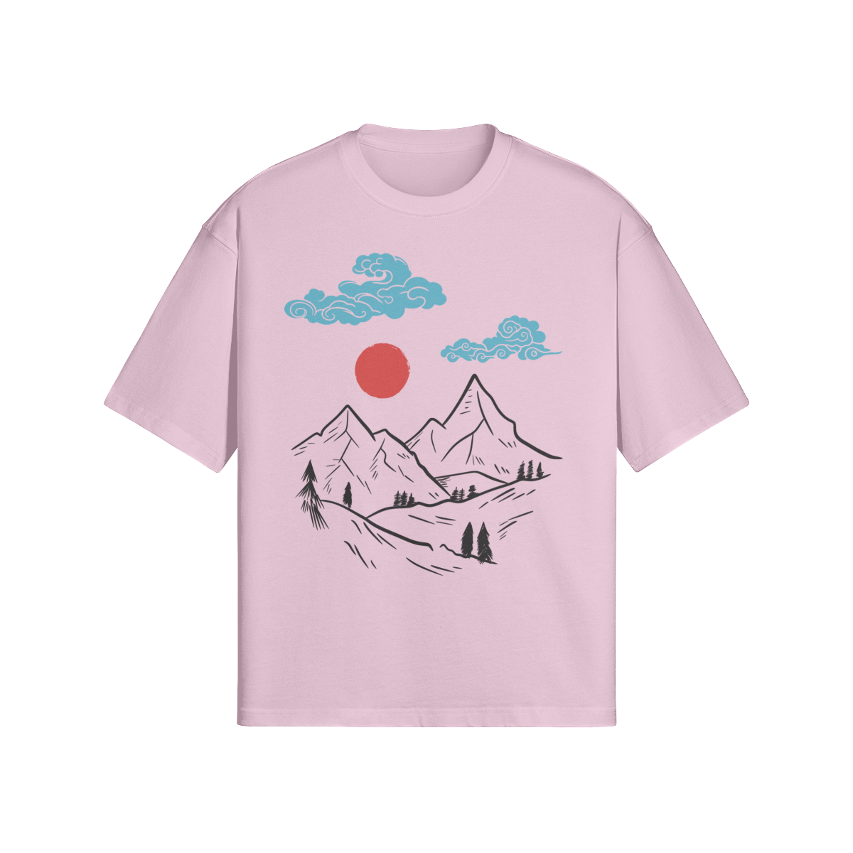Mountain Sunrise Japanese T-Shirt Minimalist Nature Design Pink | Tengura Store