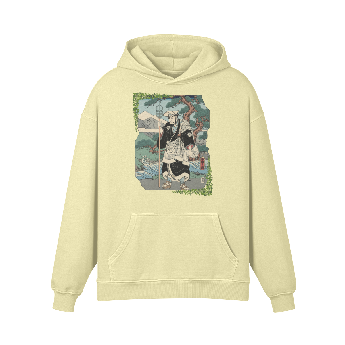 Zen Pilgrim Hoodie Japanese Ukiyo-e Print Yellow | Tengura Store