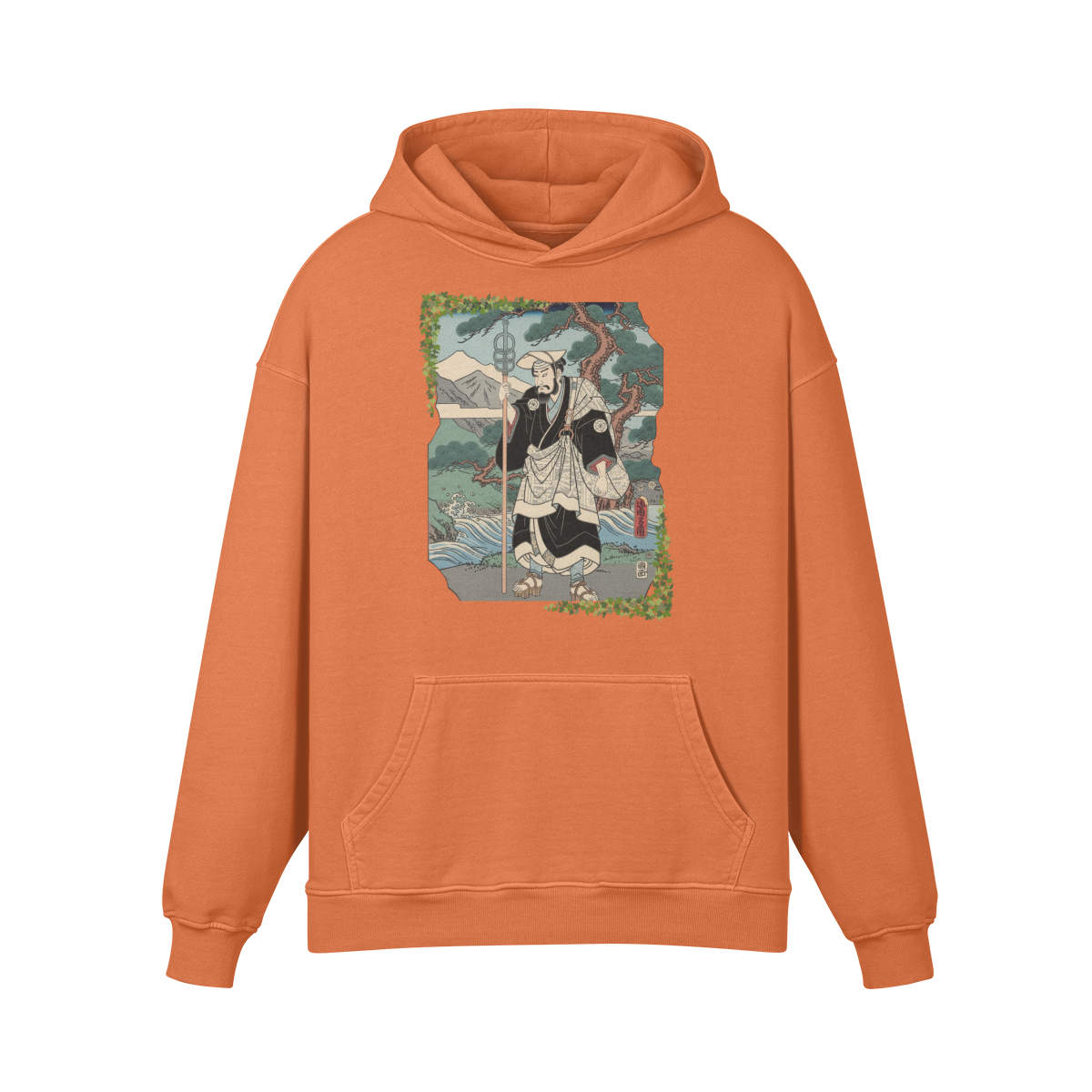 Zen Pilgrim Hoodie Japanese Ukiyo-e Print Orange | Tengura Store