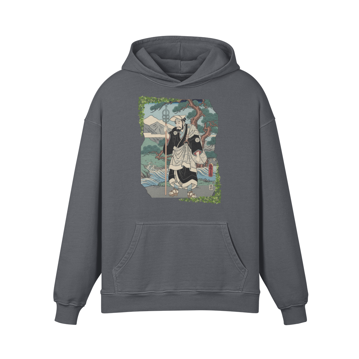 Zen Pilgrim Hoodie Japanese Ukiyo-e Print Gray | Tengura Store