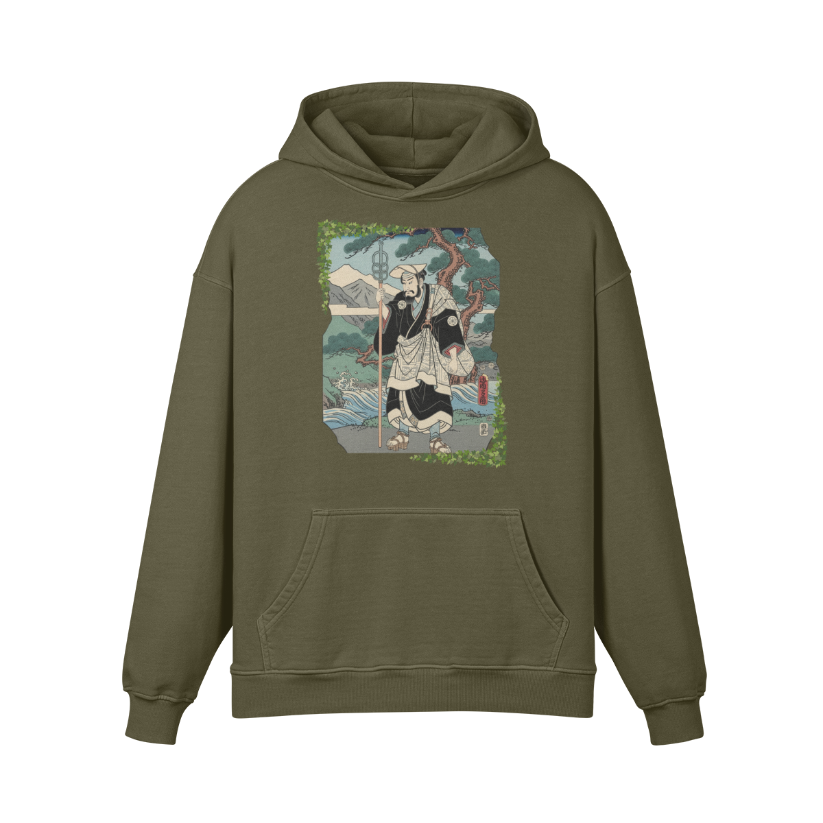 Zen Pilgrim Hoodie Japanese Ukiyo-e Print Olive Green | Tengura Store