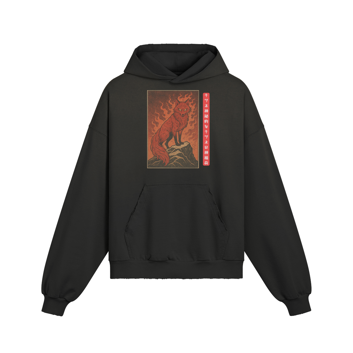Japanese Hoodie Mythical Kitsune Fire Black | Tengura Store