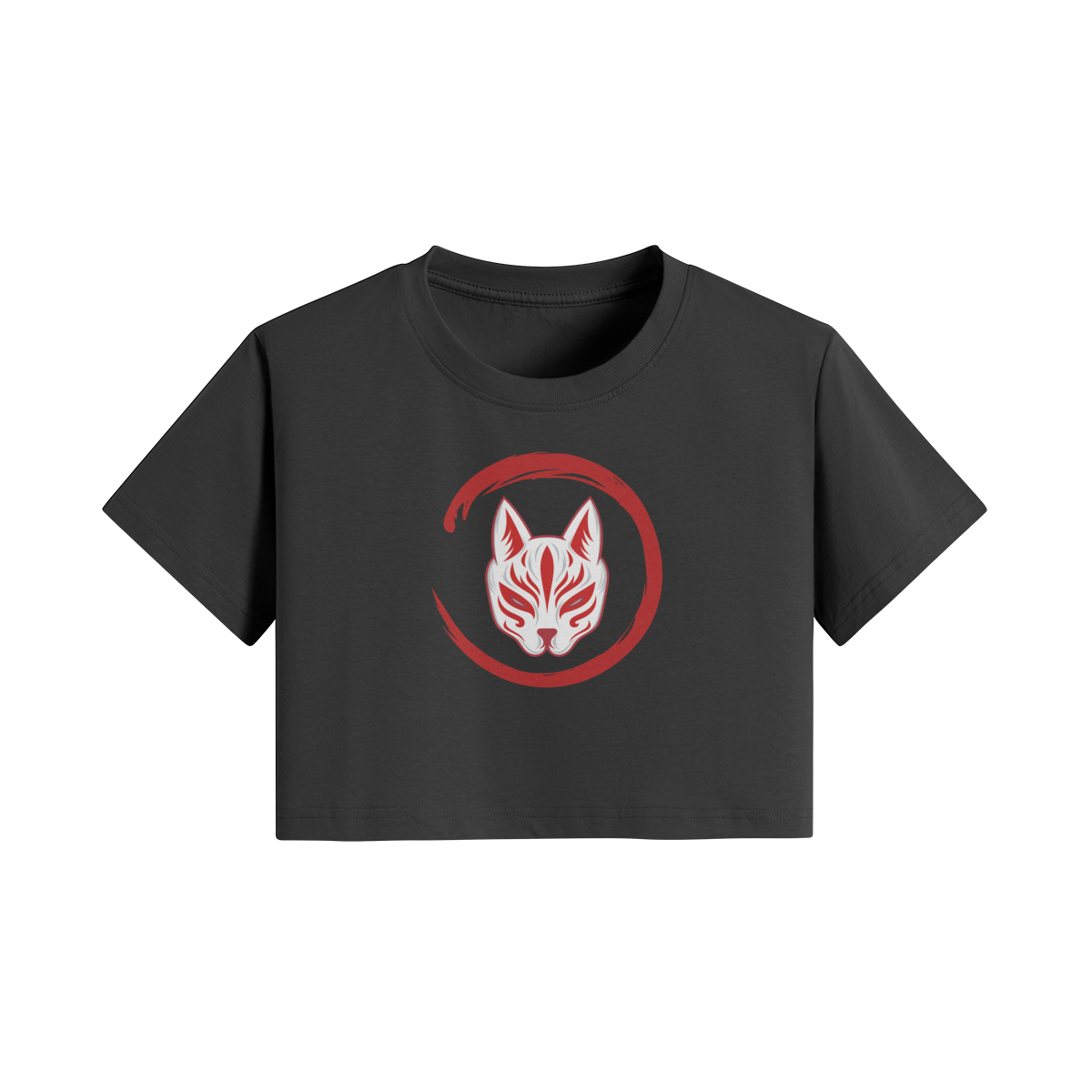 Japanese Kitsune Crop Top Red Fox Mask Circle Print Black | Tengura Store