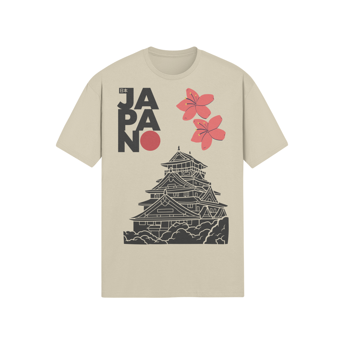 Japanese Castle Graphic T-Shirt - Sakura Flower Print Beige | Tengura Store