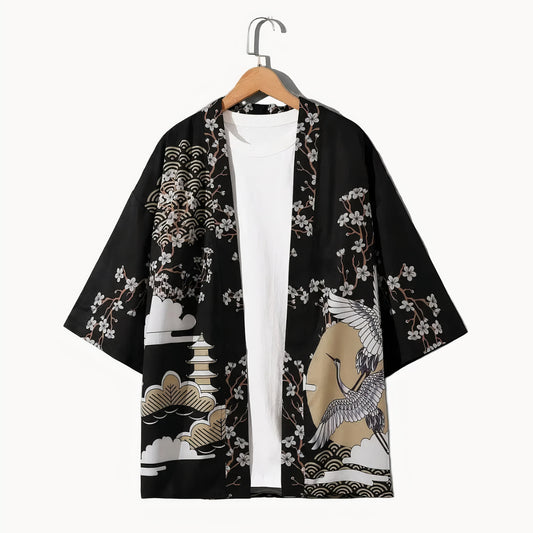 Giacca Haori Giapponese - Stampa Pagoda e Gru