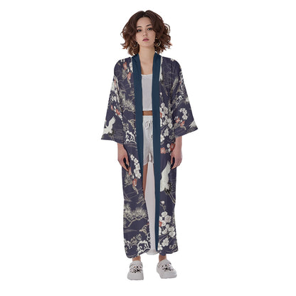 Navy Blue Crane Floral Long Kimono Cardigan | Tengura Store