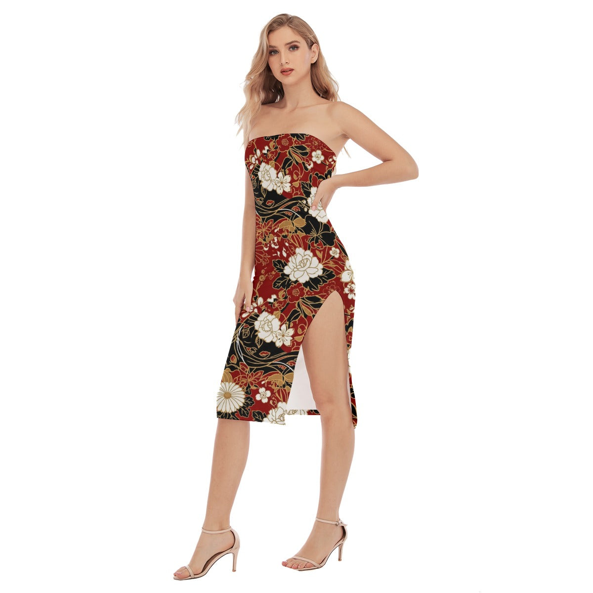Red Strapless Midi Dress with Oriental Floral Print | Tengura Store