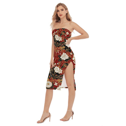 Red Strapless Midi Dress with Oriental Floral Print | Tengura Store