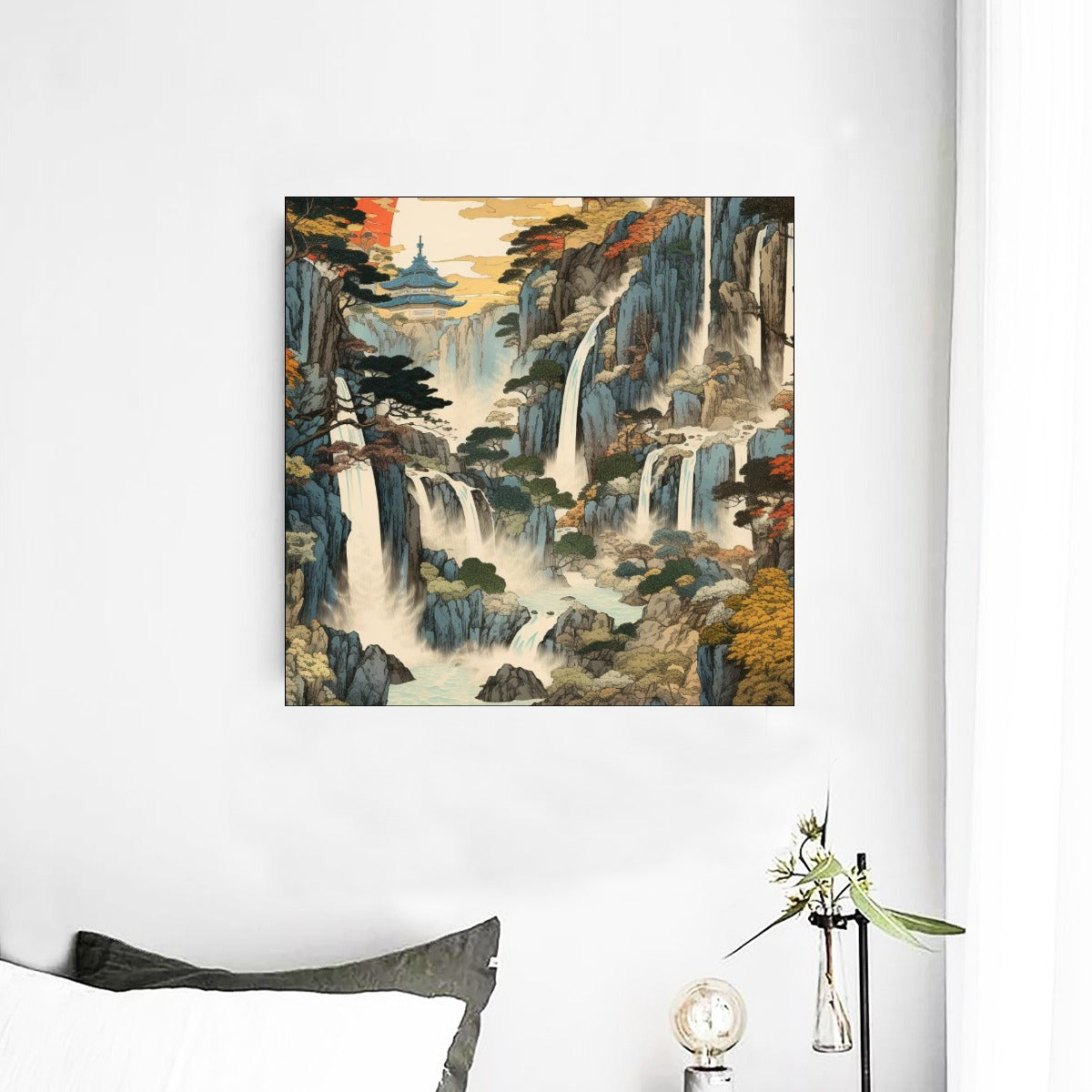 Japanese Waterfall Mountain Landscape Canvas