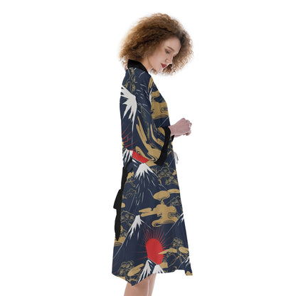 Japanese Crane Kimono with Red Sun Pattern | Tengura Store