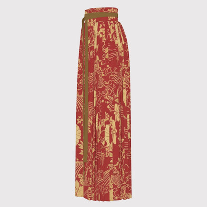 Red Golden Japanese Long Skirt with Tie Waist | Tengura Store