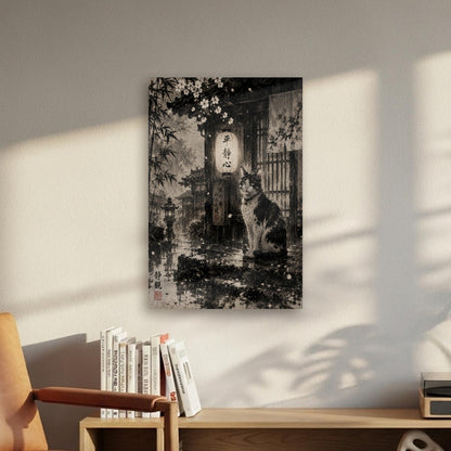 Japanese Canvas Wall Art | Cat Guardian at Night | Japanese Sumi-e Painting | Tengura Store