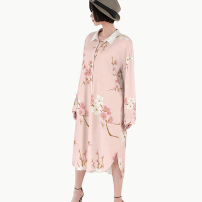 Pink Shirt Dress with Cherry Blossom Pattern | Tengura Store
