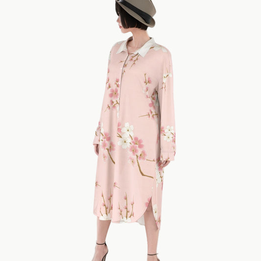 Pink Shirt Dress with Cherry Blossom Pattern | Tengura Store