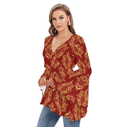 Red Phoenix Wrap Blouse with Golden Traditional Print | Tengura Store