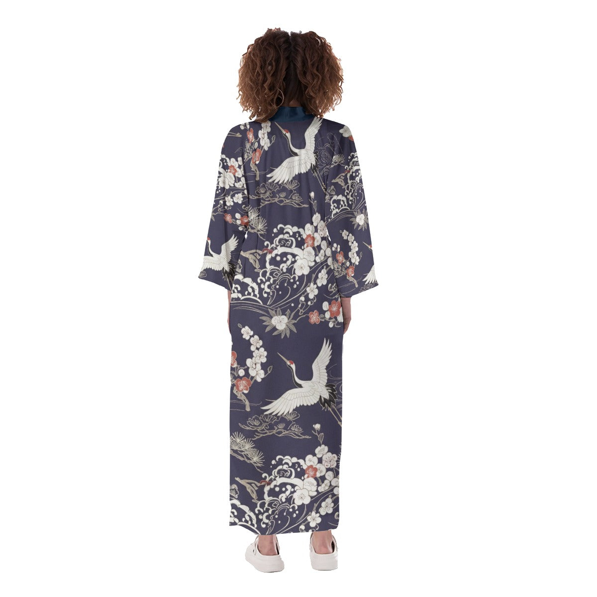 Navy Blue Crane Floral Long Kimono Cardigan | Tengura Store