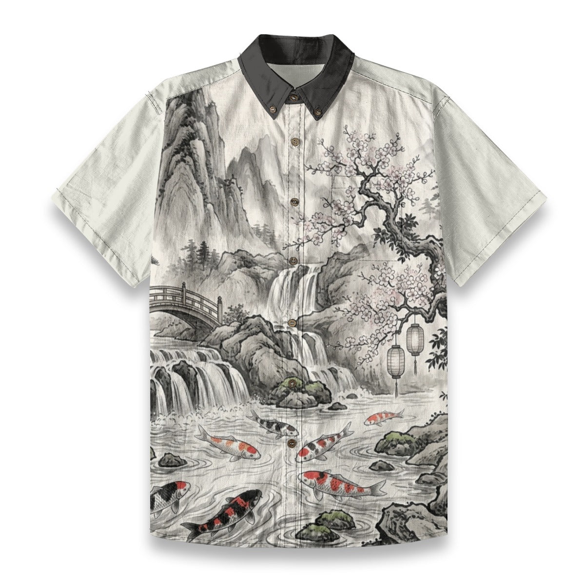 Japanese Sumi-e Shirt | Bridge and Koi Fish | 140 gsm Cotton White | Tengura Store