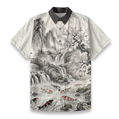Japanese Sumi-e Shirt | Bridge and Koi Fish | 140 gsm Cotton White | Tengura Store