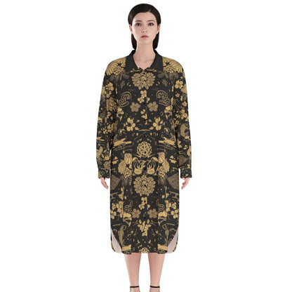 Black Midi Dress with Golden Japanese Floral Pattern | Tengura Store