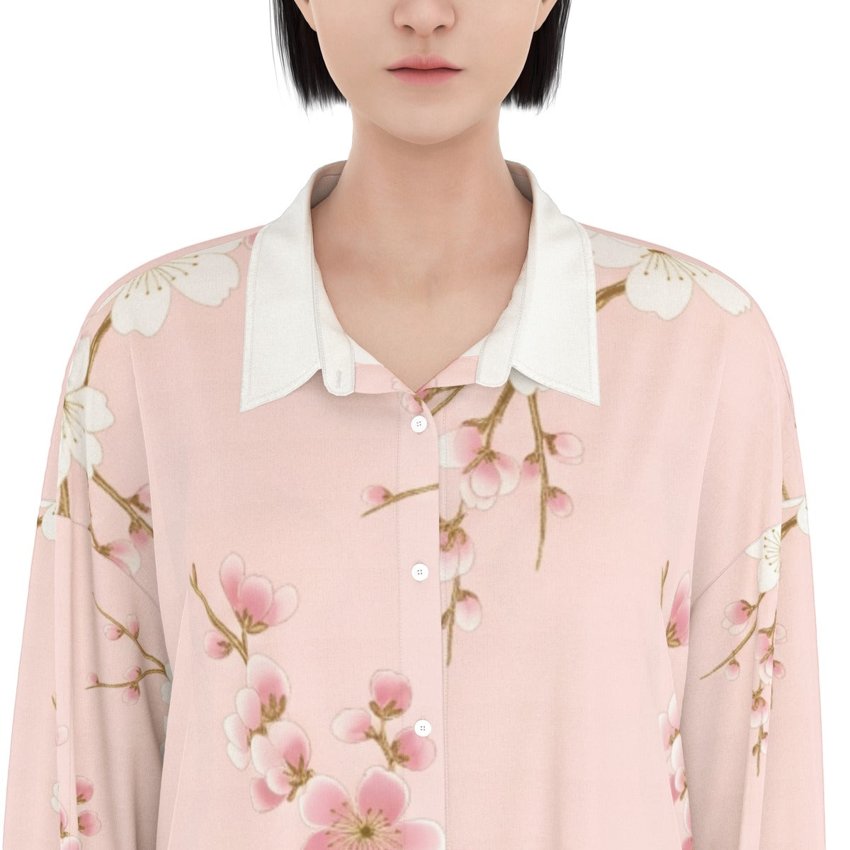 Pink Shirt Dress with Cherry Blossom Pattern | Tengura Store
