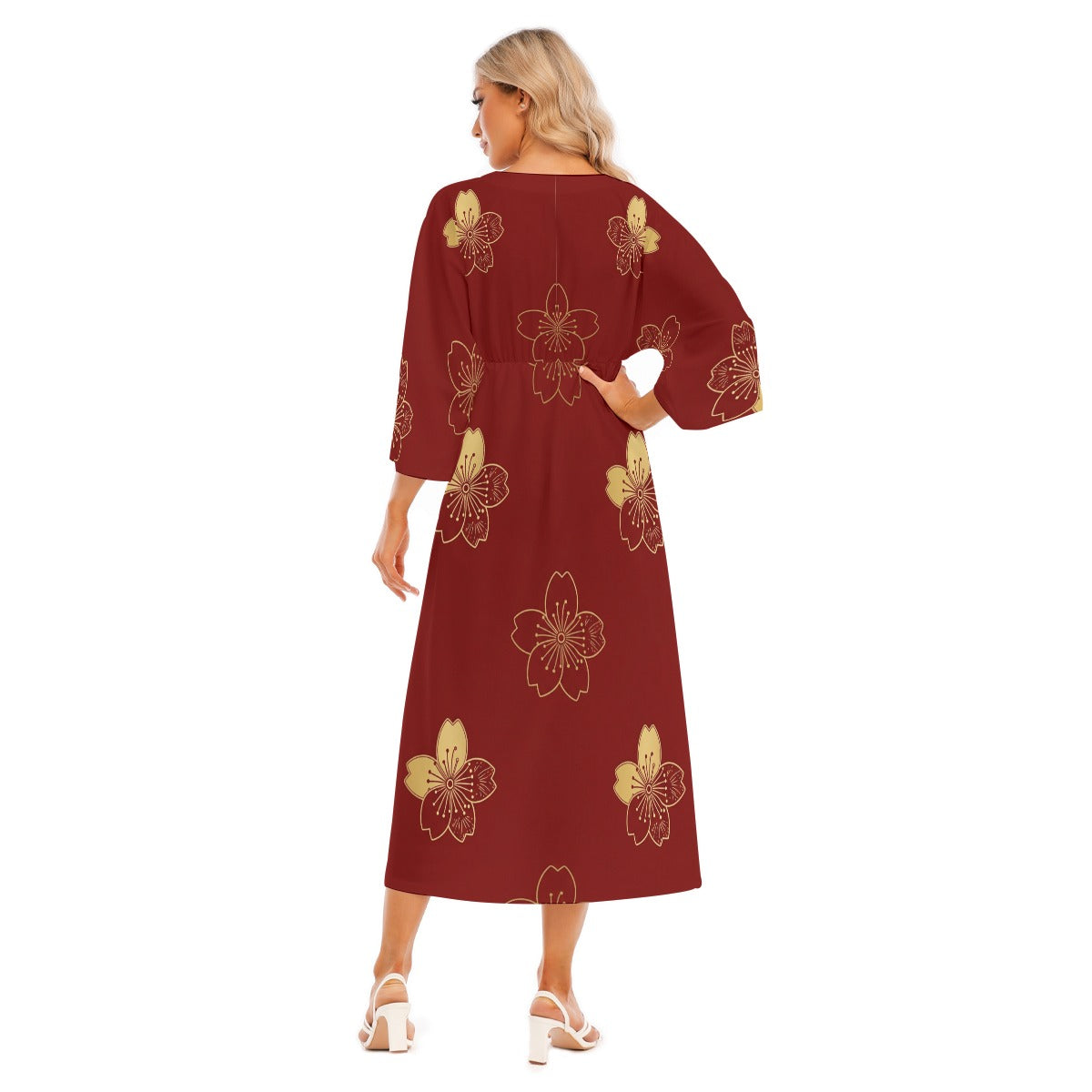 Red Kimono-Style Maxi Dress with Floral Design | Tengura Store