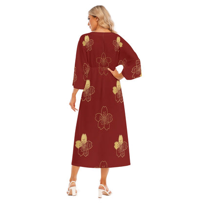 Red Kimono-Style Maxi Dress with Floral Design | Tengura Store