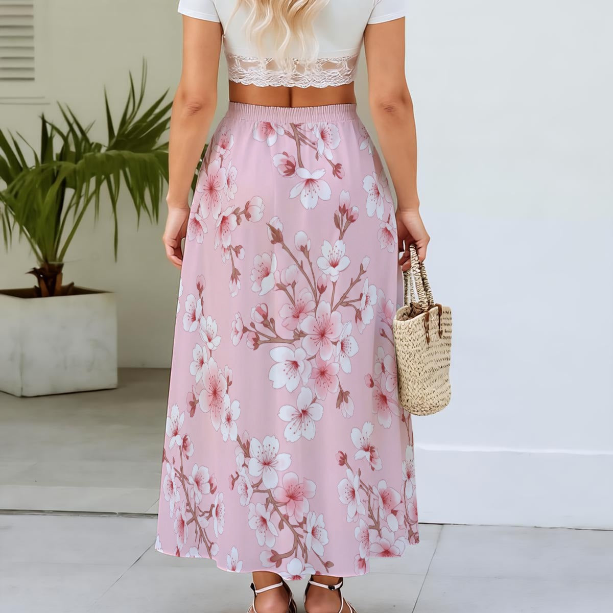 Pink Cherry Blossom Japanese Maxi Skirt with High Waist 5XL | Tengura Store
