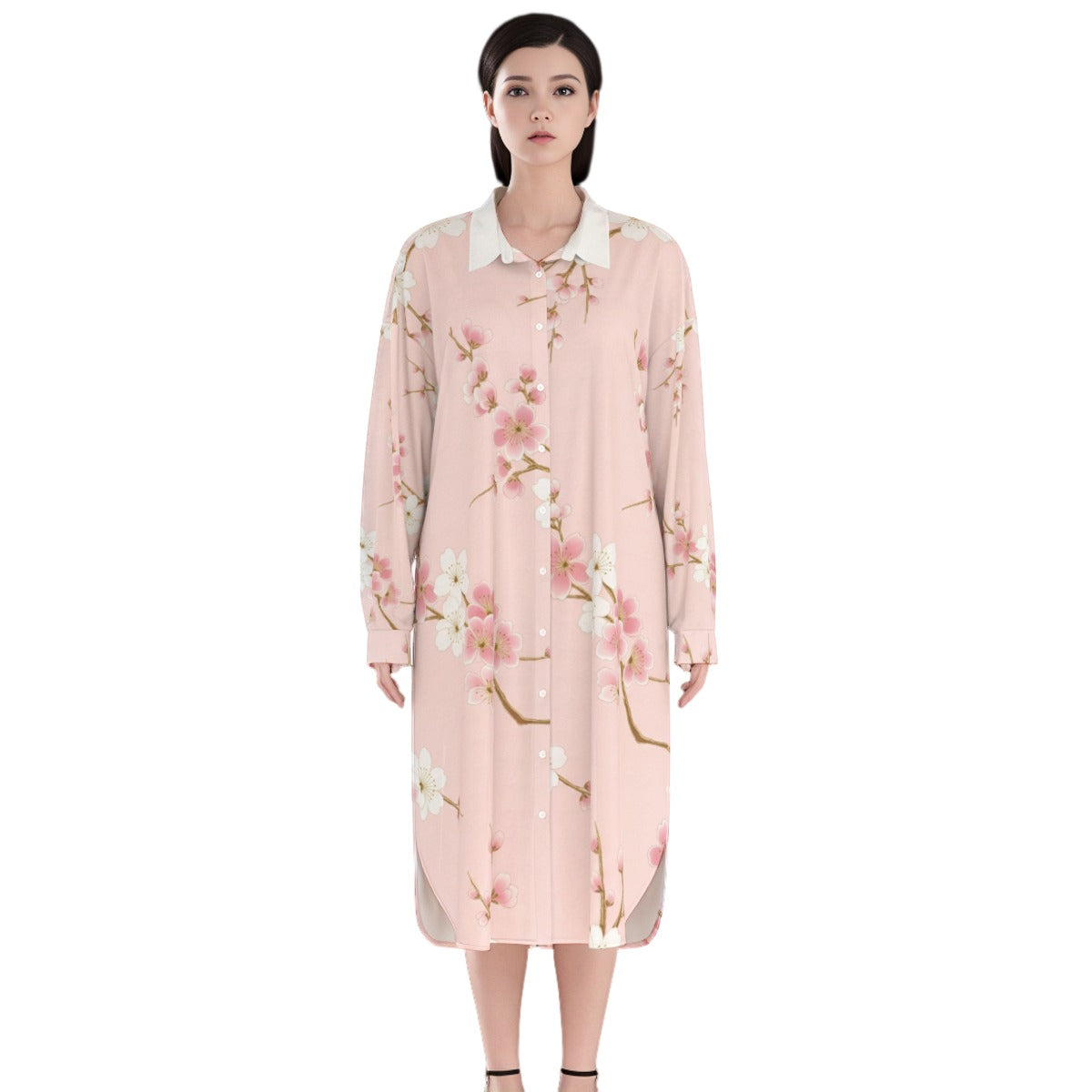 Pink Shirt Dress with Cherry Blossom Pattern | Tengura Store