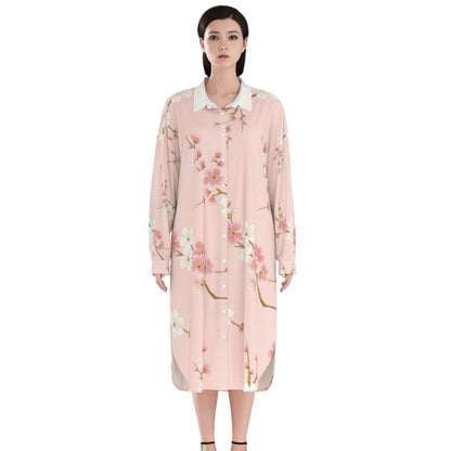 Pink Shirt Dress with Cherry Blossom Pattern | Tengura Store