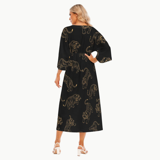 Black Japanese Dress with Golden Tiger Print | Tengura Store