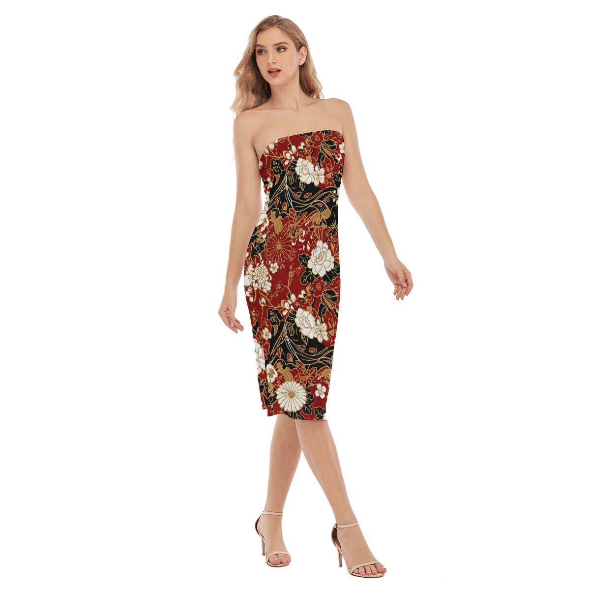 Red Strapless Midi Dress with Oriental Floral Print | Tengura Store
