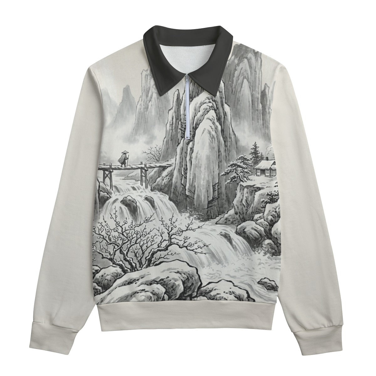 Japanese Artistic Unisex Sweatshirt | Winter Mountain Pass | Sumi-e Cotton White | Tengura Store