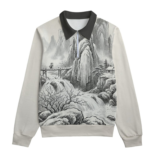 Japanese Artistic Unisex Sweatshirt | Winter Mountain Pass | Sumi-e Cotton White | Tengura Store